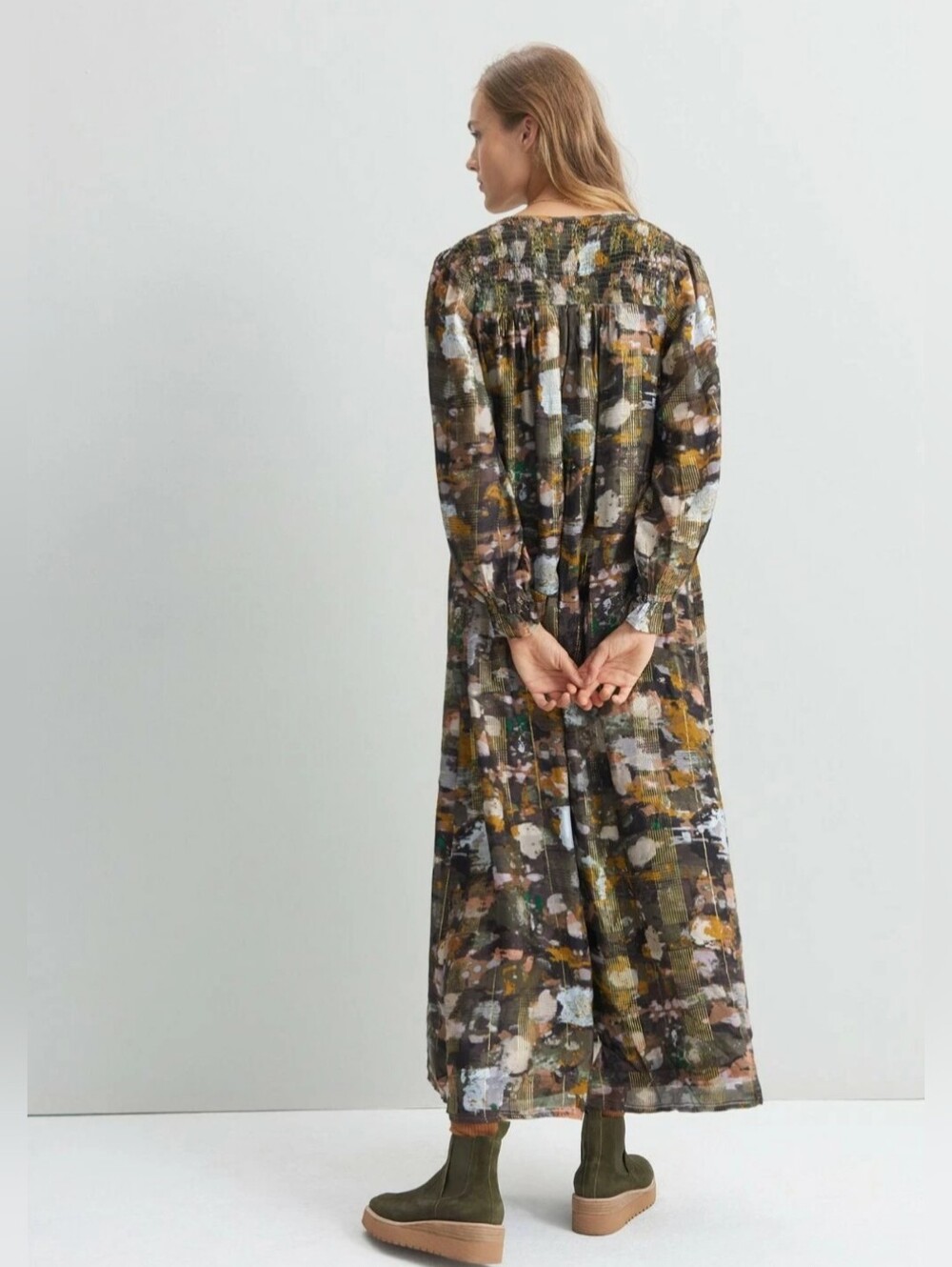 Anthropologie Blair Shimmer Maxi Dress L Gold Metallic Abstract Print Lined - Picture 3 of 14